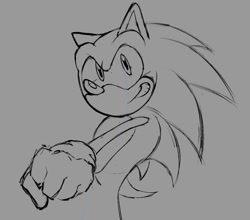 Size: 1033x911 | Tagged: safe, artist:alicedacreator, sonic the hedgehog, 2025, clenched fist, clenched teeth, grey background, line art, looking at viewer, monochrome, nike mouth, simple background, sketch, smile, smiling at viewer, solo, standing