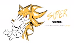 Size: 1756x1069 | Tagged: safe, artist:alicedacreator, sonic the hedgehog, super sonic, 2025, character name, covering face, english text, limited palette, looking offscreen, posing, positivity, simple background, solo, standing, super form, text, white background
