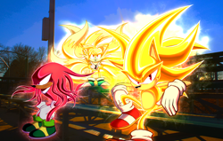 Size: 5500x3500 | Tagged: safe, artist:iwillendyou, knuckles the echidna, miles "tails" prower, sonic the hedgehog, super knuckles, super sonic, super tails, 2025, absurd res, alternate super form, arms folded, blue shoes, dark skin, frown, kitsune, looking at viewer, looking offscreen, no mouth, outdoors, photographic background, sitting, standing, super form, team sonic, trio