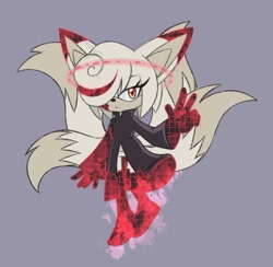 Size: 1062x1037 | Tagged: safe, artist:itoruna-the-platypus, sage, sonic frontiers, :<, flying, four tails, frown, grey background, kitsune, lidded eyes, looking at viewer, mid-air, mobianified, simple background, solo, v sign