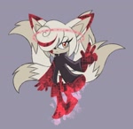 Size: 1062x1037 | Tagged: safe, artist:itoruna-the-platypus, sage, sonic frontiers, :<, flying, four tails, frown, grey background, kitsune, lidded eyes, looking at viewer, mid-air, mobianified, simple background, solo, v sign