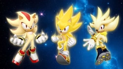 Size: 1920x1080 | Tagged: safe, artist:soniclover82, shadow the hedgehog, sonic the hedgehog, super shadow, super sonic, super form, super silver