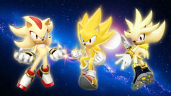 Size: 1192x670 | Tagged: safe, artist:soniclover82, shadow the hedgehog, sonic the hedgehog, super shadow, super sonic, super form, super silver