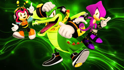 Size: 1192x670 | Tagged: safe, artist:soniclover82, charmy bee, espio the chameleon, vector the crocodile
