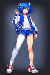 Size: 512x768 | Tagged: safe, ai art, sonic the hedgehog, human, asymmetrical clothes, asymmetrical legwear, blue hair, gradient background, green eyes, humanized, jacket, male, official style, partially humanized, shirt, shorts, single leg pantyhose, sneakers, socks, solo