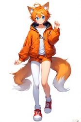 Size: 512x768 | Tagged: safe, ai art, miles "tails" prower, human, asymmetrical clothes, asymmetrical legwear, blue eyes, humanized, jacket, male, official style, orange hair, partially humanized, shirt, shorts, simple background, single leg pantyhose, sneakers, socks, solo, white background