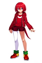 Size: 512x768 | Tagged: safe, ai art, knuckles the echidna, human, asymmetrical clothes, asymmetrical legwear, humanized, jacket, male, official style, partially humanized, purple eyes, red hair, shirt, shoes, shorts, simple background, single leg pantyhose, solo, white background