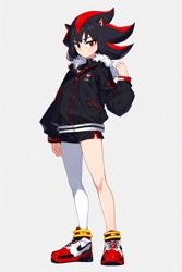 Size: 512x768 | Tagged: safe, ai art, shadow the hedgehog, human, asymmetrical clothes, asymmetrical legwear, black hair, humanized, jacket, male, official style, partially humanized, red eyes, red hair, shoes, shorts, simple background, single leg pantyhose, solo, white background