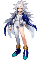 Size: 512x768 | Tagged: safe, ai art, silver the hedgehog, human, asymmetrical clothes, asymmetrical legwear, boots, grey hair, humanized, jacket, male, official style, partially humanized, shirt, shorts, simple background, single leg pantyhose, solo, white background, yellow eyes