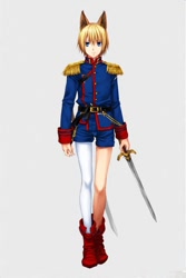 Size: 512x768 | Tagged: safe, ai art, antoine d'coolette, human, asymmetrical clothes, asymmetrical legwear, belt, blue eyes, boots, humanized, jacket, male, official style, partially humanized, shorts, single leg pantyhose, solo, sword, yellow hair