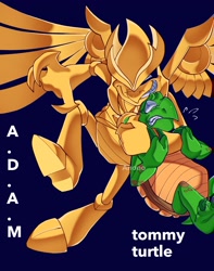 Size: 1614x2048 | Tagged: safe, artist:anonoarts, 2023, a.d.a.m, black sclera, blue background, character name, clenched teeth, duo, frown, headlock, simple background, smile, sweatdrop, text, this won't end well, tommy turtle, turtle