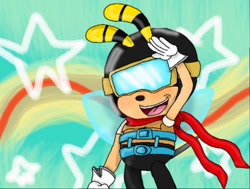 Size: 512x387 | Tagged: safe, artist:siobhanatron, bee, 2015, abstract background, mello bee, mouth open, open smile, salute, smile, solo, standing, star (symbol)