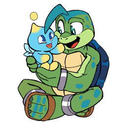 Size: 900x901 | Tagged: safe, artist:putterpen, chao, 2025, duo, flat colors, holding them, legs crossed, looking at each other, mouth open, neutral chao, open smile, redesign, sandals, shoes, sitting, smile, smiling at each other, tommy turtle, turtle