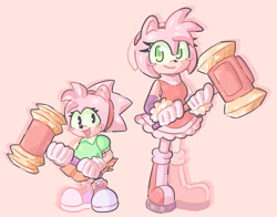 Size: 2048x1603 | Tagged: safe, artist:the-mighty-e, amy rose, hedgehog, 2025, amybetes, blushing, classic amy, cute, duo, holding something, looking at viewer, mouth open, open smile, piko piko hammer, pink background, self paradox, simple background, smile, smiling at viewer, standing