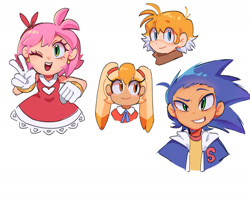 Size: 1987x1655 | Tagged: safe, artist:raikoayama, amy rose, cream the rabbit, miles "tails" prower, sonic the hedgehog, human, 2025, amybetes, bust, clothes, cute, eyebrow clipping through hair, freckles, group, headshot, heart, humanized, jacket, looking at viewer, looking offscreen, scarf, shirt, simple background, smile, smiling at viewer, v sign, white background, wink