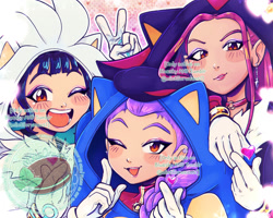 Size: 2000x1600 | Tagged: safe, artist:mintiiorweeos, shadow the hedgehog, silver the hedgehog, sonic the hedgehog, human, 2025, abstract background, barely sonic related, blushing, crossover, cute, heart, huntr/x, k-pop demon hunters, kigurumi, looking at viewer, mira (k-pop demon hunters), mouth open, obtrusive watermark, open smile, outline, rumi (k-pop demon hunters), smile, smiling at viewer, trio, v sign, watermark, wink, zoey (k-pop demon hunters)