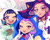 Size: 2000x1600 | Tagged: safe, artist:mintiiorweeos, shadow the hedgehog, silver the hedgehog, sonic the hedgehog, human, 2025, abstract background, barely sonic related, blushing, crossover, cute, heart, huntr/x, k-pop demon hunters, kigurumi, looking at viewer, mira (k-pop demon hunters), mouth open, obtrusive watermark, open smile, outline, rumi (k-pop demon hunters), smile, smiling at viewer, trio, v sign, watermark, wink, zoey (k-pop demon hunters)