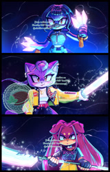 Size: 1311x2048 | Tagged: safe, artist:mintiiorweeos, bird, cat, dog, 2025, abstract background, barely sonic related, beanbrows, blade, blushing, crossover, frown, holding something, huntr/x, k-pop demon hunters, mira (k-pop demon hunters), mobianified, obtrusive watermark, rumi (k-pop demon hunters), smile, standing, sword, trio, watermark, weapon, zoey (k-pop demon hunters)