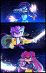 Size: 1311x2048 | Tagged: safe, artist:mintiiorweeos, bird, cat, dog, 2025, abstract background, barely sonic related, beanbrows, blade, blushing, crossover, frown, holding something, huntr/x, k-pop demon hunters, mira (k-pop demon hunters), mobianified, obtrusive watermark, rumi (k-pop demon hunters), smile, standing, sword, trio, watermark, weapon, zoey (k-pop demon hunters)