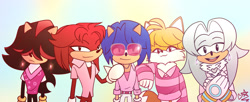 Size: 2048x837 | Tagged: safe, artist:pinkiemachine, knuckles the echidna, miles "tails" prower, shadow the hedgehog, silver the hedgehog, sonic the hedgehog, 2025, abby (k-pop demon hunters), baby (k-pop demon hunters), clothes, crossover, ear piercing, earring, frown, gradient background, group, hair over eyes, jinu (k-pop demon hunters), k-pop demon hunters, looking at viewer, mystery (k-pop demon hunters), pants, romance (k-pop demon hunters), saja boys, shirt, signature, smile, standing, sunglasses, sweater