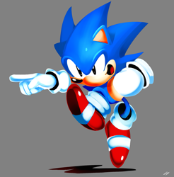 Size: 1683x1712 | Tagged: safe, artist:aeroartwork, sonic the hedgehog, 2018, classic amy, classic sonic, clenched fist, grey background, line art, looking offscreen, mid-air, mouth open, open smile, pointing, shadow (lighting), signature, simple background, smile, solo, toei style