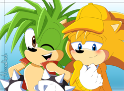 Size: 3000x2205 | Tagged: safe, artist:aleena-dash, oc, oc:logan the hedgehog, hedgehog, 2024, baseball cap, blushing, cap, clothes, duo, gradient background, lidded eyes, looking down, manic the hedgehog, mouth open, open smile, signature, smile, smiling at viewer, wink