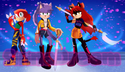 Size: 2352x1356 | Tagged: safe, artist:sirinadream, oc, oc:amelia the hedgehog, oc:harmony the cat, oc:kira the echidna, cat, echidna, hedgehog, 2025, abstract background, confetti, crossover, fankid, holding something, huntr/x, k-pop demon hunters, looking at viewer, mira (k-pop demon hunters), obtrusive watermark, parent:amy, parent:honey, parent:knuckles, parent:mighty, parent:rouge, parent:sonic, parents:honighty, parents:knuxouge, parents:sonamy, rumi (k-pop demon hunters), sword, trio, watermark, weapon, zoey (k-pop demon hunters)