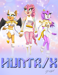 Size: 3400x4400 | Tagged: safe, artist:dianahartvoices, amy rose, blaze the cat, rouge the bat, 2025, crossover, demon markings, gradient background, holding hands, huntr/x, k-pop demon hunters, looking offscreen, mira (k-pop demon hunters), mouth open, open smile, rumi (k-pop demon hunters), signature, smile, standing, text, trio, zoey (k-pop demon hunters)