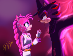 Size: 4400x3400 | Tagged: safe, artist:dianahartvoices, amy rose, shadow the hedgehog, 2025, amy x shadow, arms out, crossover, demon markings, duo, frown, gradient background, jinu (k-pop demon hunters), k-pop demon hunters, looking at each other, mouth open, protecting, rumi (k-pop demon hunters), shipping, standing, straight