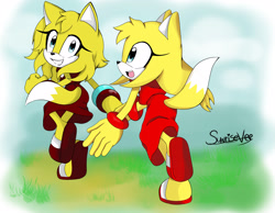 Size: 2560x1991 | Tagged: safe, artist:sunrisevee, zooey the fox, oc, oc:emma the fox, fox, 2025, clenched teeth, daytime, duo, gradient background, grass, holding hands, looking at each other, mouth open, outdoors, signature, smile