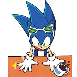 Size: 512x512 | Tagged: safe, editor:lesiasmadness, sonic the hedgehog, 2024, coffee, edit, mouth open, mug, open smile, riders outfit, simple background, slam, smile, solo, sunglasses, table, transparent background, transparent edit