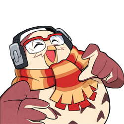 Size: 512x512 | Tagged: safe, editor:lesiasmadness, owl, 2024, adult, edit, eyes closed, laughing, mouth open, nite the owl, open smile, simple background, smile, solo, transparent background, transparent edit