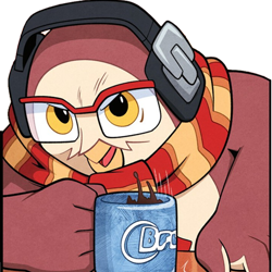 Size: 512x512 | Tagged: safe, editor:lesiasmadness, owl, 2024, adult, coffee, drink, edit, holding something, looking at viewer, mouth open, mug, nite the owl, open smile, simple background, slam, smile, solo, table, transparent background, transparent edit