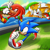 Size: 3000x3000 | Tagged: safe, artist:trytaddle, knuckles the echidna, miles "tails" prower, sonic the hedgehog, sonic heroes, 2024, abstract background, clenched teeth, clouds, daytime, flying, frown, grass, hill, looking ahead, mid-air, outdoors, running, seaside hill, signature, spinning tails, sun, team sonic, treads, trio, water