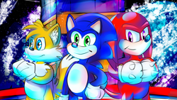 Size: 1920x1080 | Tagged: safe, artist:neon-phosphor, knuckles the echidna, miles "tails" prower, sonic the hedgehog, sonic heroes, 2022, abstract background, bingo highway, nighttime, outdoors, standing, star (sky), team sonic, trio