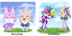 Size: 4800x2400 | Tagged: safe, artist:cartoonicus, blaze the cat, silver the hedgehog, cat, hedgehog, abstract background, animal crossing, barefoot, clouds, crossover, fire, flame, grass, redraw, sparkles