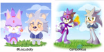Size: 4800x2400 | Tagged: safe, artist:cartoonicus, blaze the cat, silver the hedgehog, cat, hedgehog, abstract background, animal crossing, barefoot, clouds, crossover, fire, flame, grass, redraw, sparkles