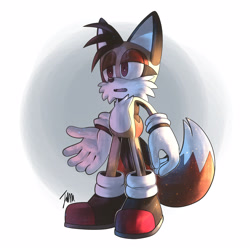 Size: 3840x3802 | Tagged: safe, artist:cephalosaur, miles "tails" prower, fox, 2022, abstract background, fangs, lidded eyes, looking offscreen, marble fox, mouth open, signature, solo, standing