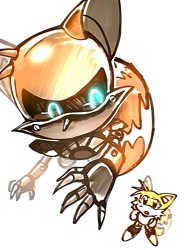 Size: 1181x1518 | Tagged: safe, artist:koasku, miles "tails" prower, 2022, black sclera, duo, flying, glowing eyes, looking at each other, metal tails, robot, simple background, spinning tails, white background