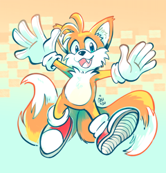 Size: 1228x1280 | Tagged: safe, artist:raizy, miles "tails" prower, 2020, abstract background, ear fluff, hands out, looking at viewer, mouth open, one fang, open smile, signature, smile, smiling at viewer, solo