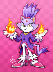Size: 880x1200 | Tagged: safe, artist:raizy, blaze the cat, 2021, checkered background, fire, flame, signature, smile, smiling at viewer, solo, standing
