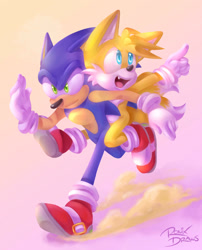 Size: 1920x2373 | Tagged: safe, artist:ronixdraws, miles "tails" prower, sonic the hedgehog, 2021, duo, dust clouds, gradient background, lineless, looking ahead, looking offscreen, mouth open, one fang, open smile, pointing, riding on back, running, signature, smile