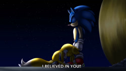 Size: 1280x721 | Tagged: safe, artist:ronixdraws, miles "tails" prower, sonic the hedgehog, 2020, abstract background, clenched teeth, crying, dialogue, duo, english text, eyes closed, frown, kneeling, redraw, sad, sonic x, space, speedpaint available, speedpaint in description, standing, star (sky), tears, tears of sadness, text