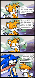 Size: 400x888 | Tagged: safe, artist:vaporotem, miles "tails" prower, sonic the hedgehog, ..., 2004, abstract background, comic, daytime, dialogue, duo, english text, frown, ice cap zone, looking at them, looking offscreen, mouth open, outdoors, shrunken pupils, smile, snow, snowing, sonic the hedgehog 3, speech bubble, standing, sweatdrop, text, tongue out, unamused