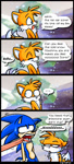 Size: 400x888 | Tagged: safe, artist:vaporotem, miles "tails" prower, sonic the hedgehog, ..., 2004, abstract background, comic, daytime, dialogue, duo, english text, frown, ice cap zone, looking at them, looking offscreen, mouth open, outdoors, shrunken pupils, smile, snow, snowing, sonic the hedgehog 3, speech bubble, standing, sweatdrop, text, tongue out, unamused