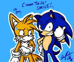 Size: 600x500 | Tagged: safe, artist:ojamajodoremidokkan, miles "tails" prower, sonic the hedgehog, 2006, blue background, clenched teeth, dialogue, duo, english text, frown, hand on hip, looking at them, looking at viewer, outline, pointing, shrunken pupils, simple background, smile, standing, sweatdrop, text