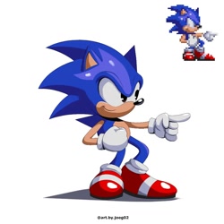 Size: 1080x1080 | Tagged: safe, artist:joeg02, sonic the hedgehog, 2024, classic sonic, looking offscreen, pointing, redraw, reference inset, simple background, smile, solo, sonic the hedgehog 3, sprite, standing, white background