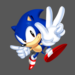 Size: 2160x2160 | Tagged: safe, artist:ultraistinctdrawing, sonic the hedgehog, 2022, classic sonic, classic style, grey background, lineless, looking at viewer, mid-air, pointing, posing, redraw, signature, simple background, smile, smiling at viewer, solo, sonic the hedgehog 3, v sign