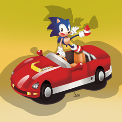 Size: 2160x2160 | Tagged: safe, artist:ultraistinctdrawing, sonic the hedgehog, 2022, car, classic sonic, gradient background, looking at viewer, mouth open, open smile, shadow (lighting), signature, simple background, smiling at viewer, solo, sonic drift