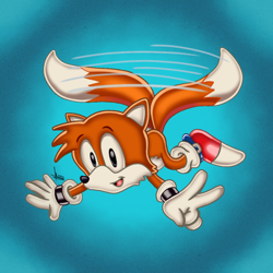 Size: 2160x2160 | Tagged: safe, artist:ultraistinctdrawing, miles "tails" prower, 2022, flying, gradient background, greg martin style, mouth open, open smile, signature, smile, smiling at viewer, solo, spinning tails, v sign